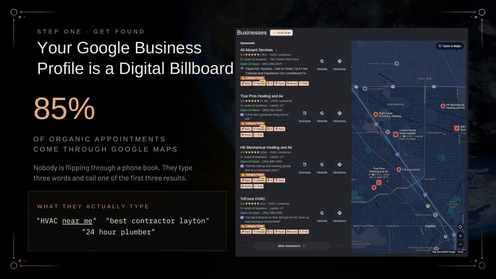 Your Google Business Profile is a digital billboard. 85 percent of organic appointments come through Google Maps. Nobody is flipping through a phone book; they type three words and call one of the first three results. What they actually type: HVAC near me, best contractor Layton, 24 hour plumber. A screenshot shows Google Maps results for HVAC companies around Layton, with business listings beside the map.