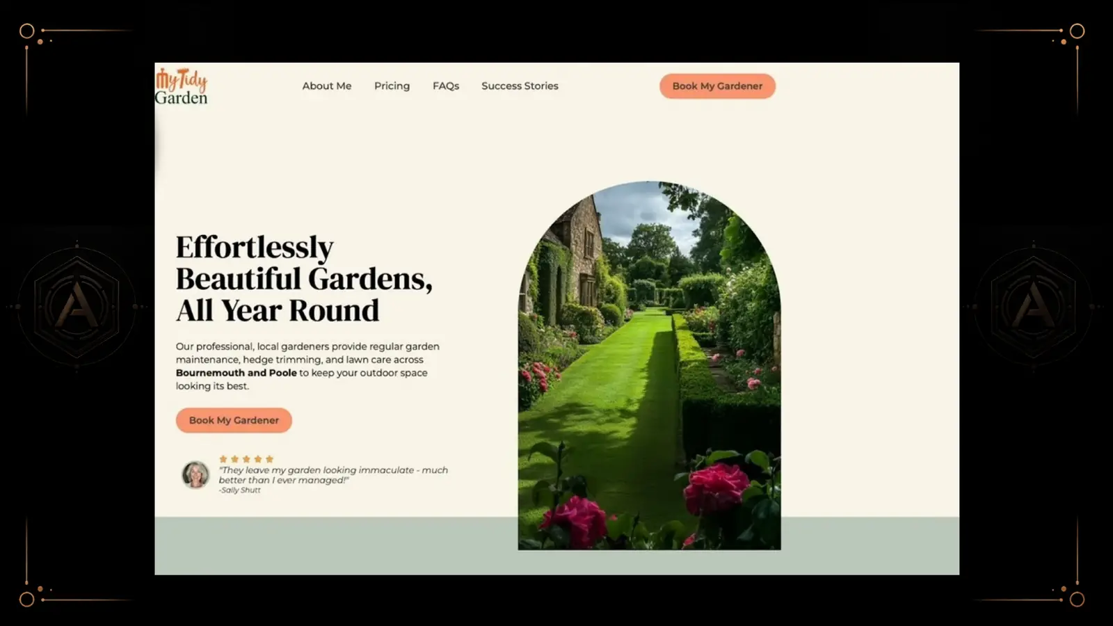 The same landscaping business redesigned: a clean cream layout, a short benefit headline, one sentence on the service area, a single first-person Book My Gardener button, a five-star customer quote, and a large arched garden photo.