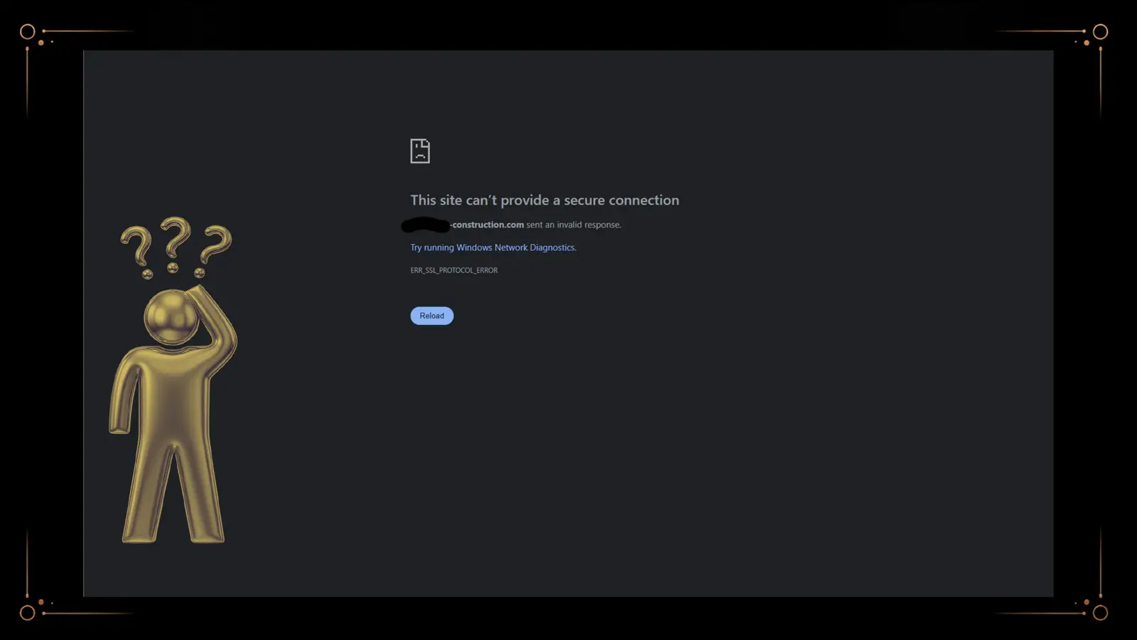 The good news: your competition's site is slow, broken, or eight years old. Most of them aren't mobile optimized. Some won't even load. The bar is on the floor; you can do better. A redacted screenshot of a real competitor's dated construction website is shown as an example.
