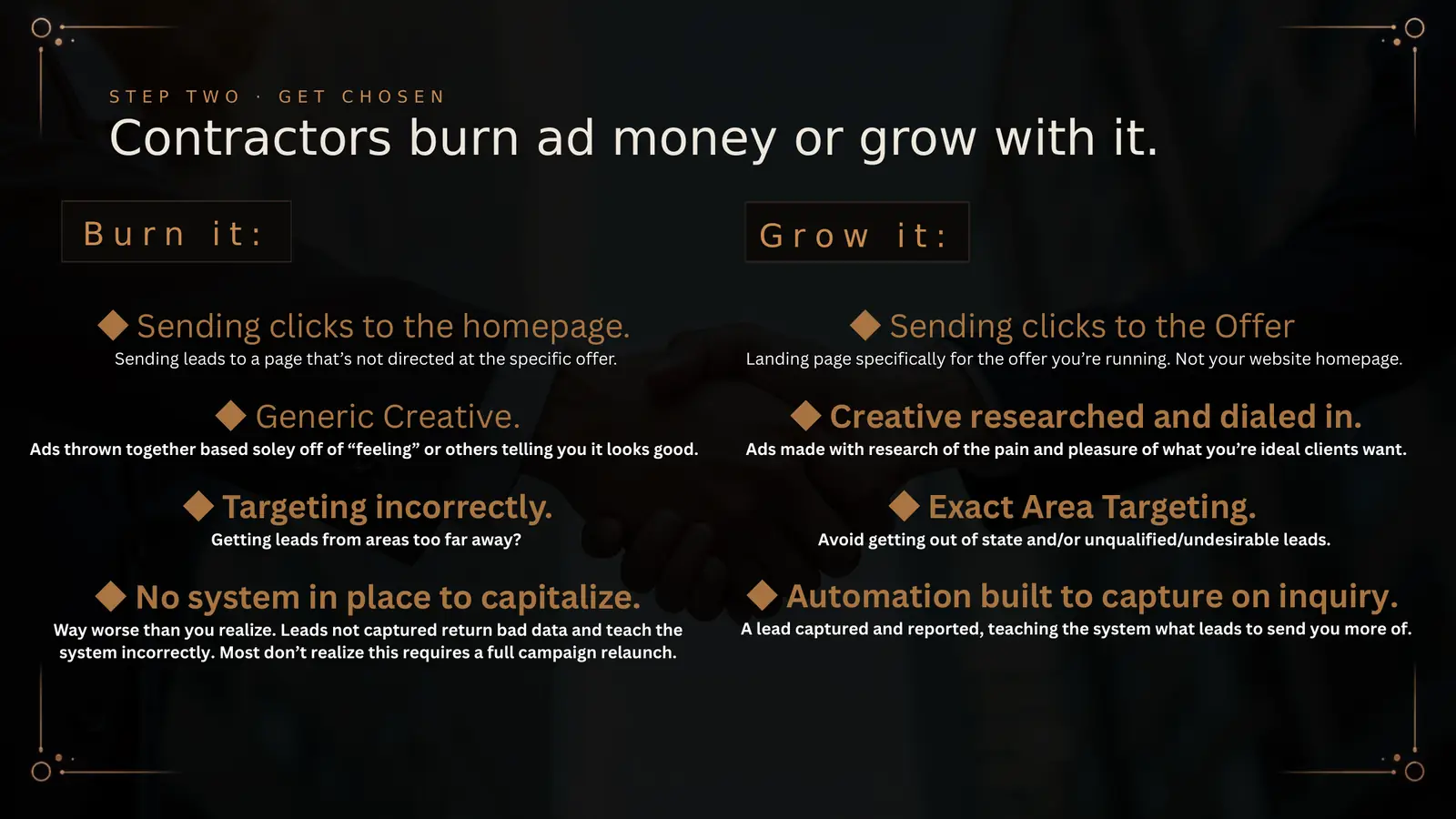 A browser error page reading This site can't provide a secure connection on a redacted competitor's construction website, with a confused gold figure scratching its head.