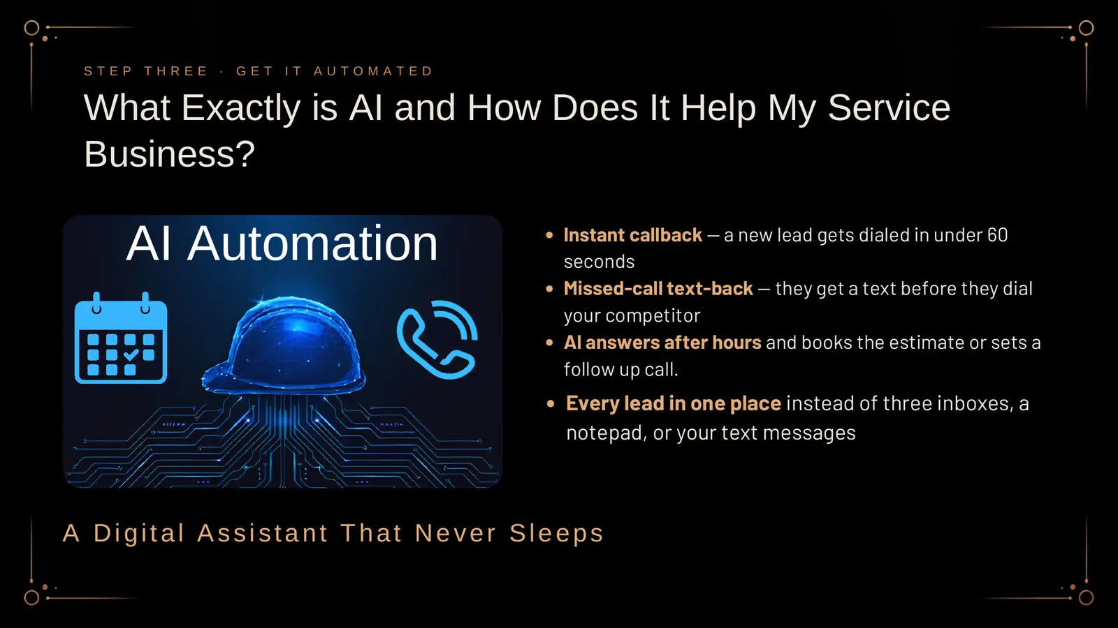 What exactly is AI and how does it help my service business? AI automation is a digital assistant that never sleeps: instant callback, so a new lead gets dialed in under 60 seconds; missed-call text-back, so they get a text before they dial your competitor; AI answers after hours and books the estimate or sets a follow-up call; and every lead in one place instead of three inboxes, a notepad, or your text messages. An illustration shows a glowing hard hat on a circuit board with a calendar and phone icon.